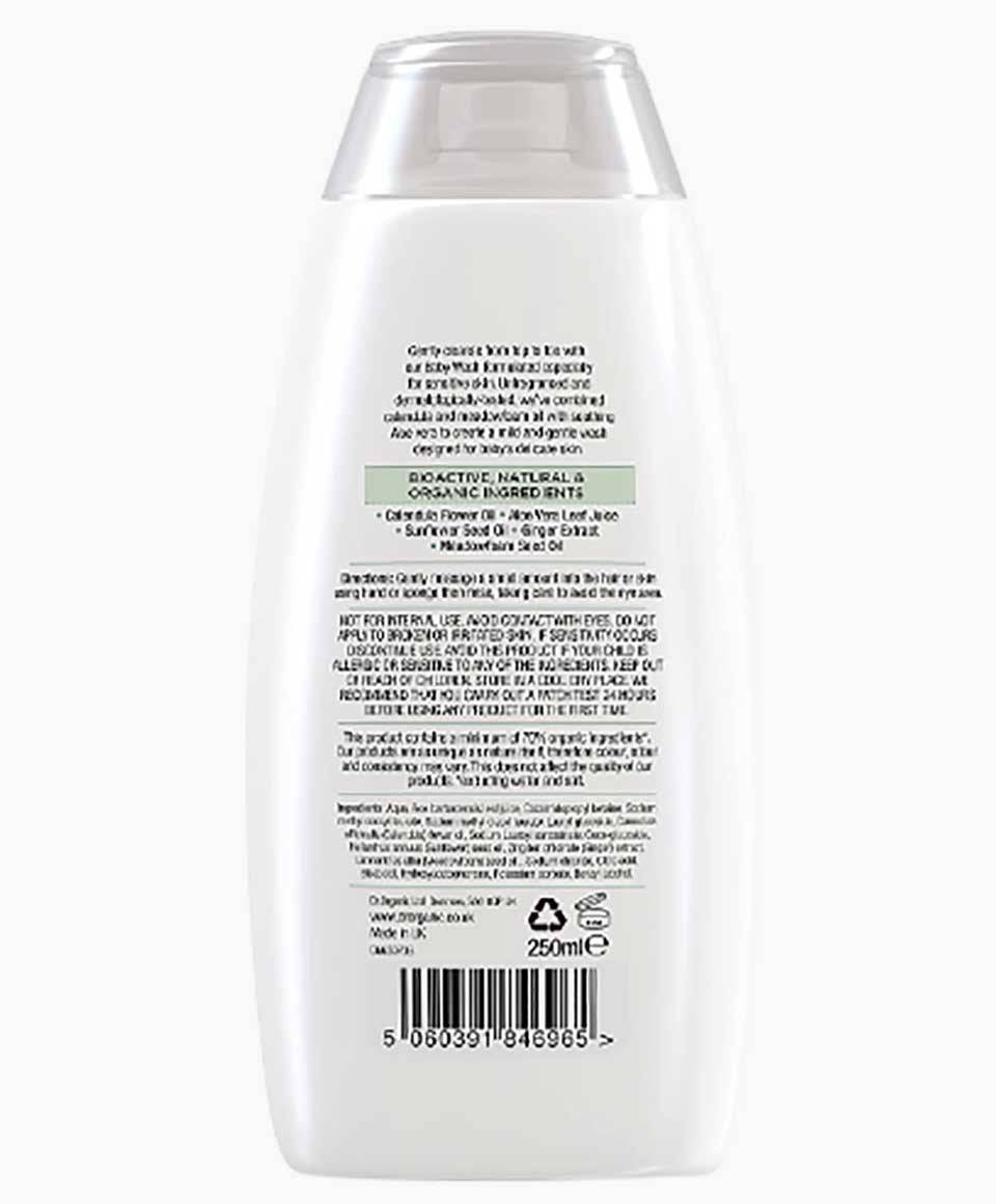 Dr Organic Organic Calendula Baby Wash in a bottle, suitable for bath and shower, gentle and fragrance-free for delicate skin