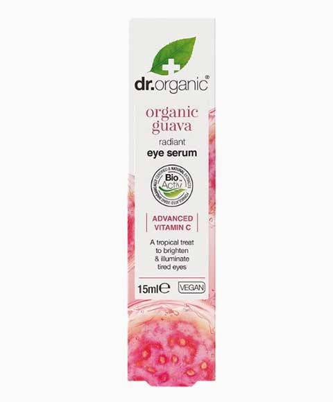 Organic Guava Radiant Eye Serum by Dr Organic in a white bottle with a pump, designed for eye care and skin hydration.