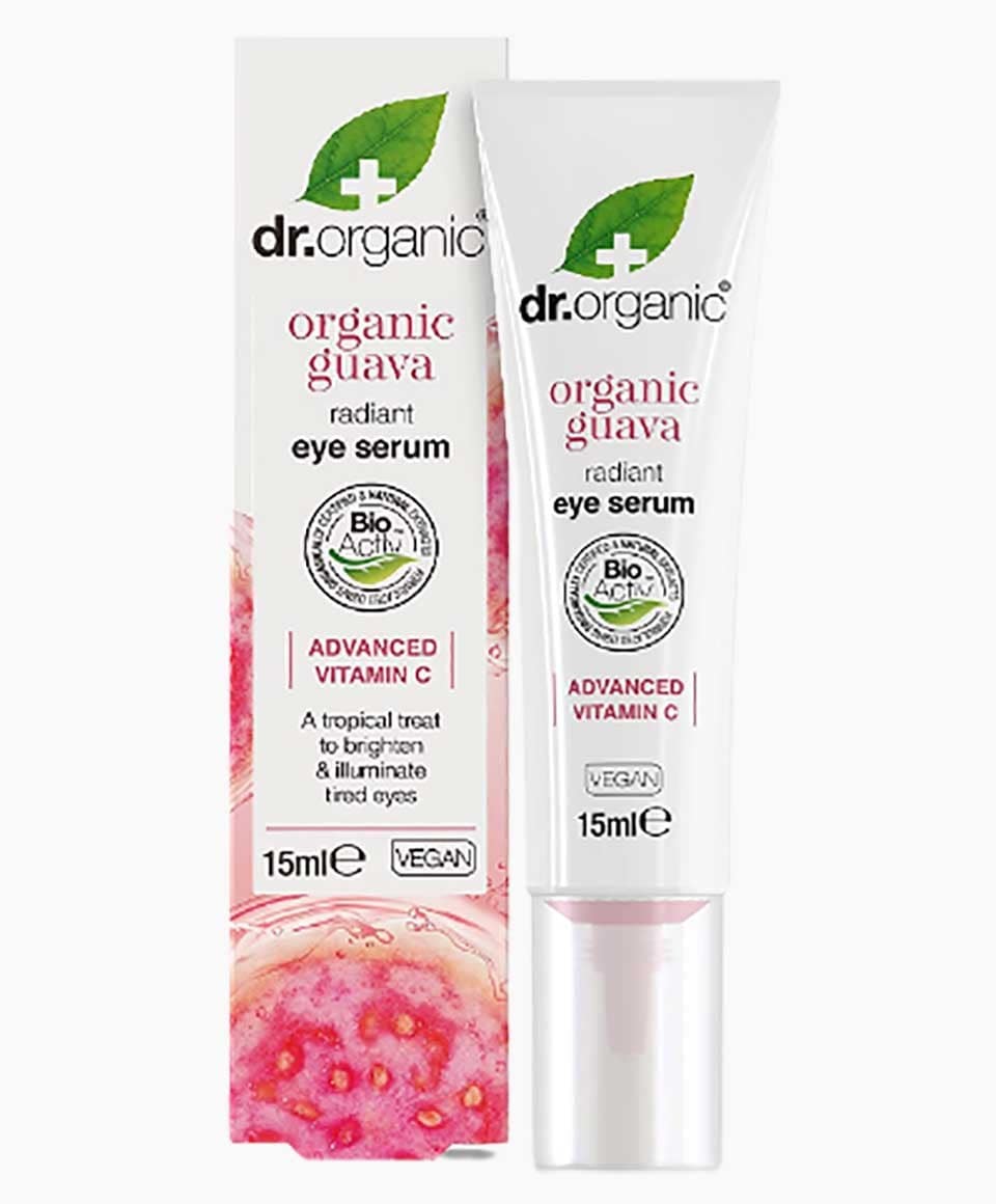 Dr Organic Organic Guava Radiant Eye Serum in a glass bottle with dropper, designed for eye care and reducing dark circles.