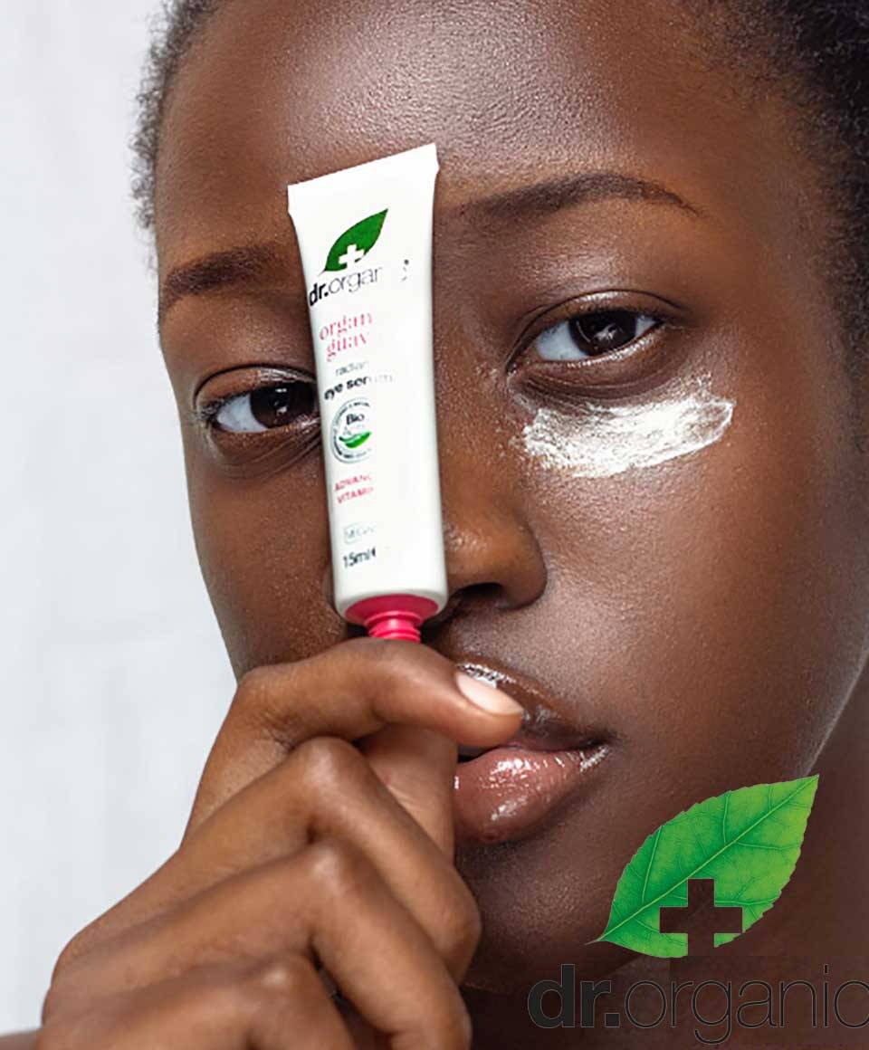 Dr Organic Organic Guava Radiant Eye Serum in a glass bottle, featuring a dropper for precise application.