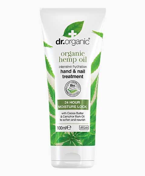 Dr Organic Organic Hemp Oil hand and nail treatment bottle showcasing skin-soothing formula in a natural setting