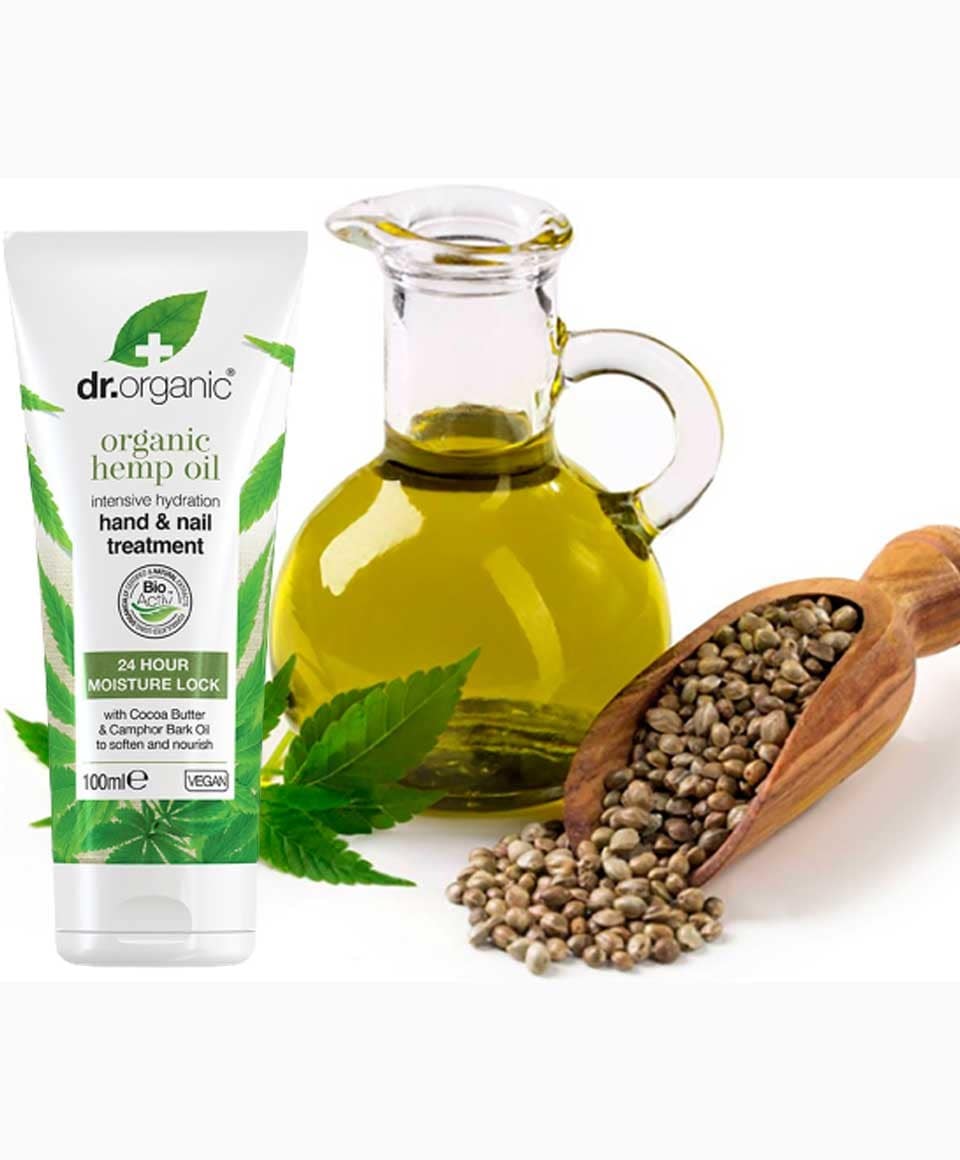Dr Organic Organic Hemp Oil Hand and Nail Treatment in a pump bottle, showcasing its skin-soothing formula for hands and nails.