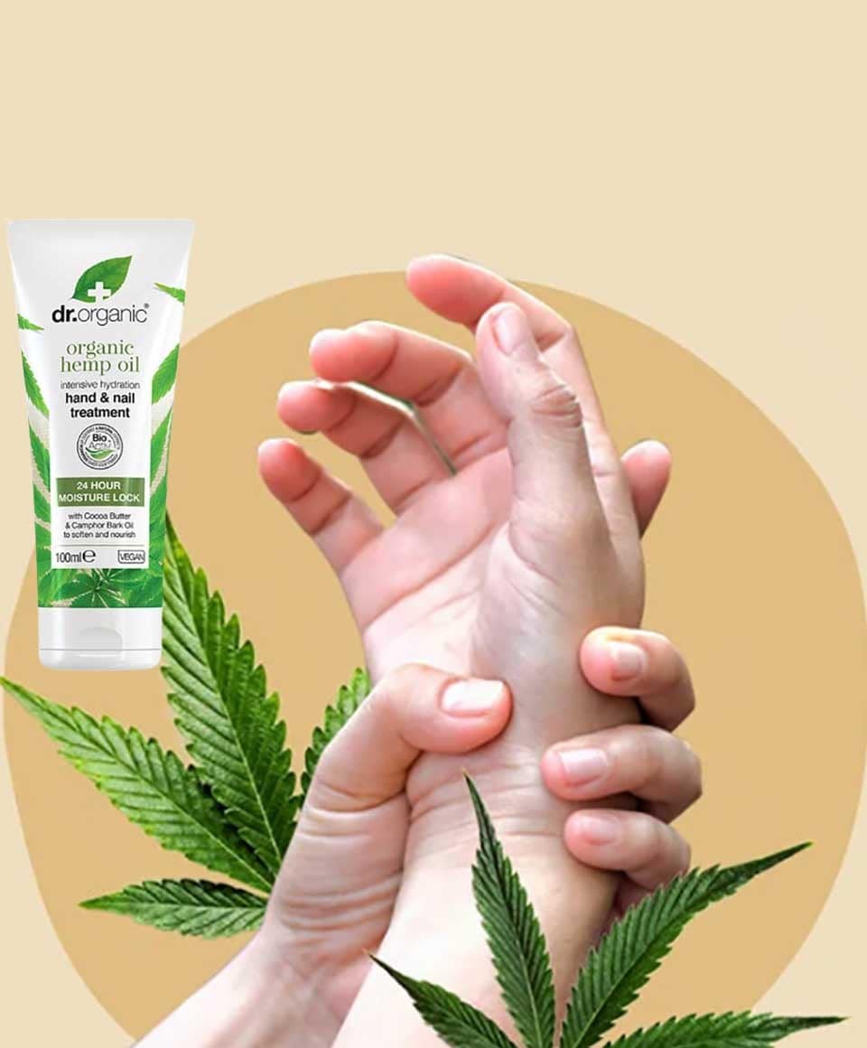 Dr Organic Organic Hemp Oil hand and nail treatment in a tube, showing soothing skincare formula for dry skin and damaged nails.