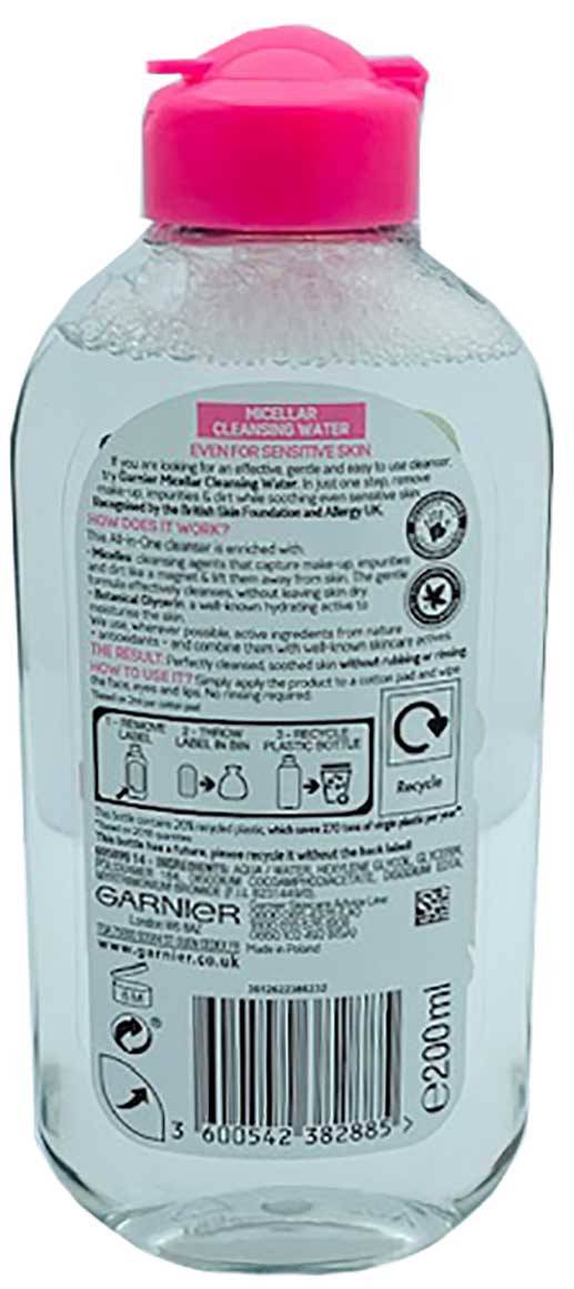 Garnier Skin Active Micellar Cleansing Water in a clear bottle with a blue cap, designed for gentle facial cleansing.