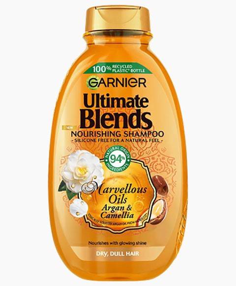 Garnier Ultimate Blends Marvellous Oils Argan Camellia Nourishing Shampoo bottle with labels and product details.