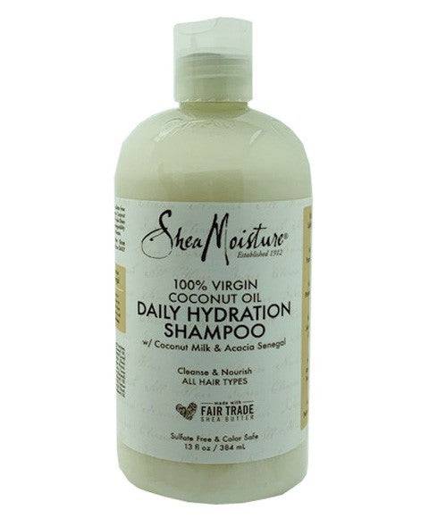 Shea Moisture Virgin Coconut Oil Daily Hydration Shampoo bottle showing the label and packaging for moisturizing hair care.