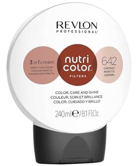 Revlon Nutri Color 3 In 1 Cream 642 Chestnut hair color and bleach cream in a jar, showcasing its rich chestnut shade.