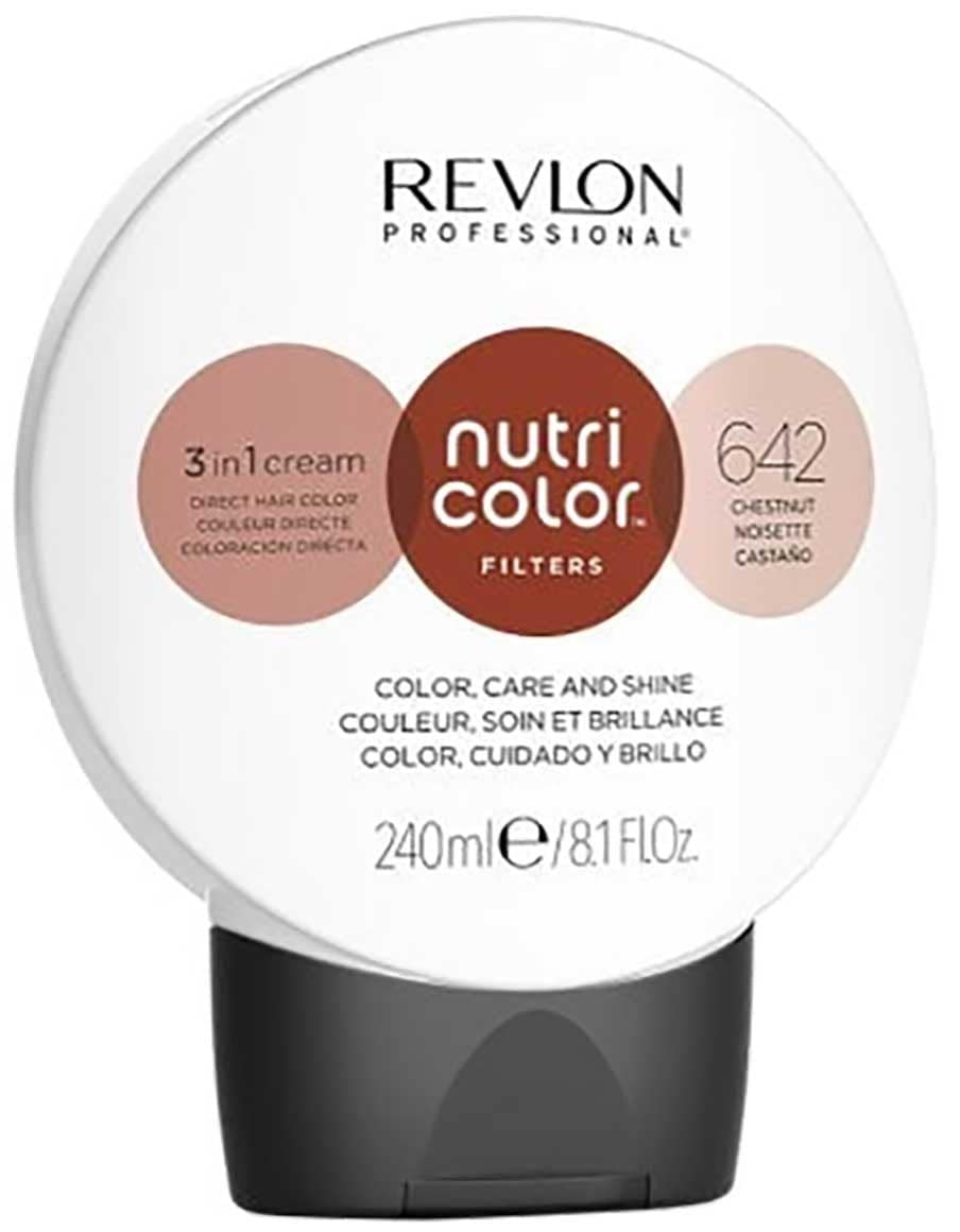 Revlon Nutri Color 3-in-1 Cream in Chestnut, a hair color and bleach product, shown in a sleek tube for vibrant hair coloring.