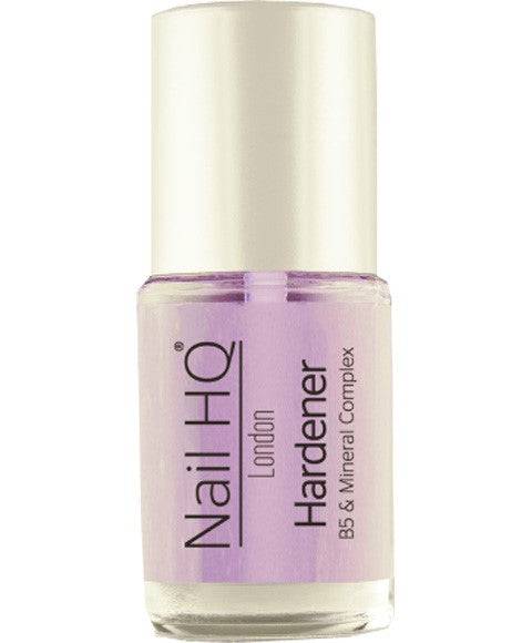 Nail HQ Hardener for nails, showing a bottle of Nail HQ nail strengthening product with a white label and clear cap.