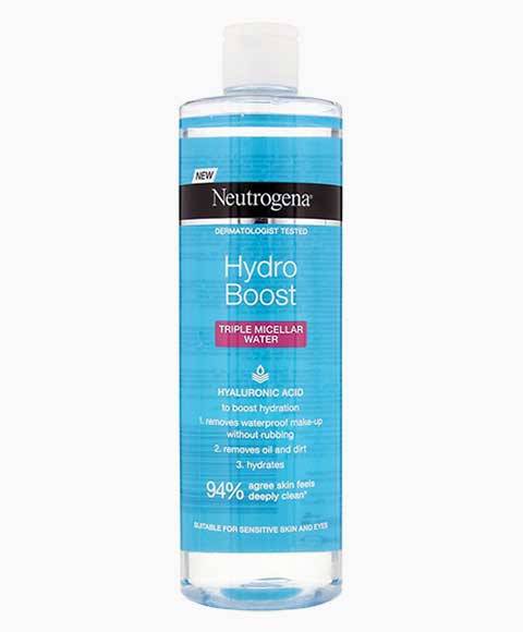 Neutrogena Hydro Boost Triple Micellar Water bottle, clear skincare product for gentle facial cleansing and hydration.