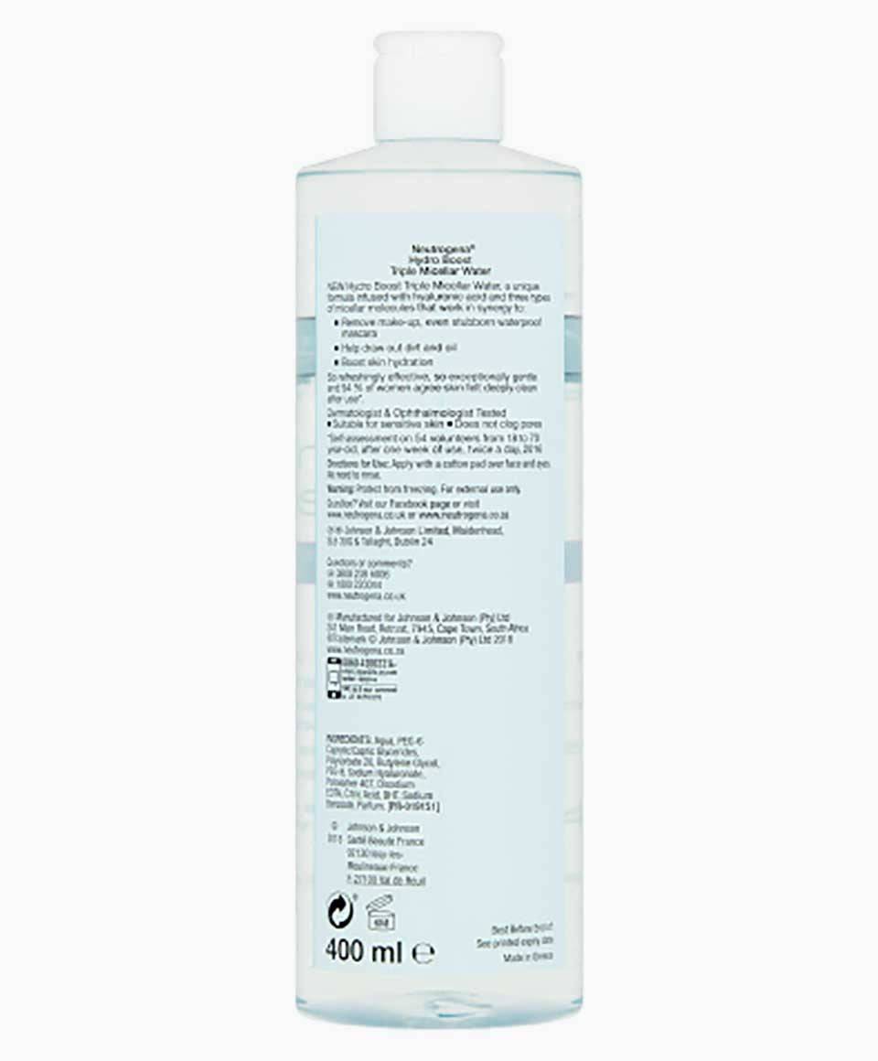 Neutrogena Hydro Boost Triple Micellar Water bottle from Johnson and Johnson, skin care product for gentle cleansing and hydration.