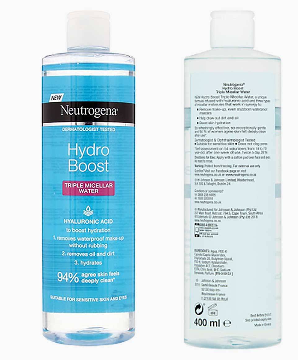 Neutrogena Hydro Boost Triple Micellar Water in a clear bottle with a blue cap, used for gentle facial cleansing and hydration.