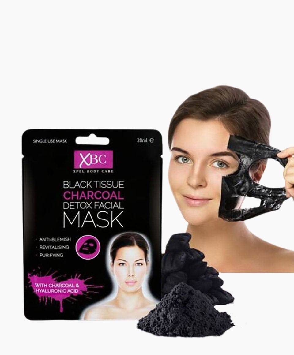 Masque facial détoxifiant au charbon actif XBC Xpel Body Care en tissu noir