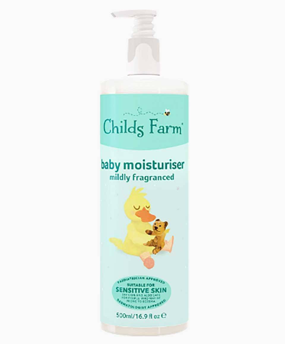 Childs Farm mildly fragranced baby moisturizer cream, gentle kids skincare product with soft texture and soothing appearance.