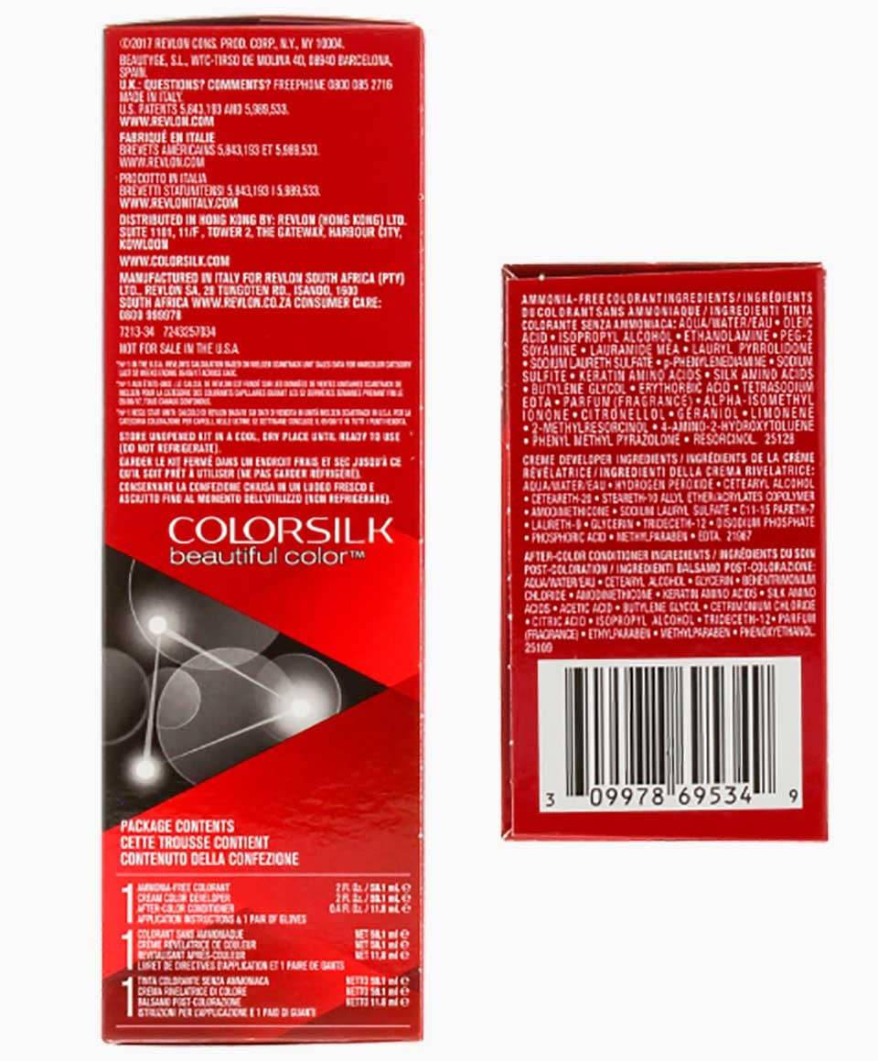Revlon Colorsilk Beautiful Color permanent hair dye in deep burgundy shade, showing vibrant red-brown hair color.
