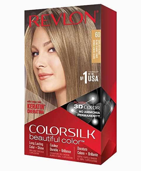 Revlon Colorsilk Beautiful Color permanent hair dye in 60 Dark Ash Blonde, showing the hair color and packaging.