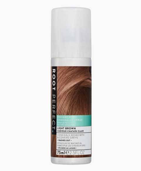 Root Perfect Instant Root Concealer Spray in Light Brown, quick-application hair color touch-up for roots and grays.
