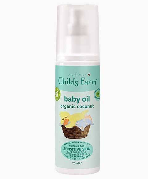 Childs Farm baby oil with organic coconut, skin soothing for gentle baby skincare, featuring a clear bottle with a pump dispenser.