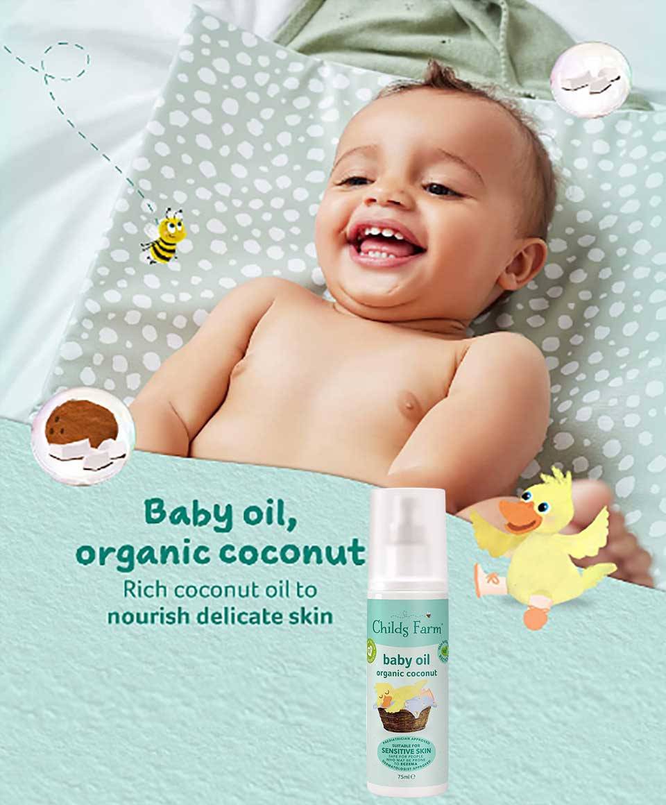Childs Farm baby oil with organic coconut, skin soothing moisturizer for babies, shown in a clear bottle with a white cap.
