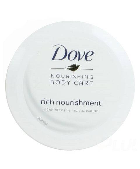 Dove Nourishing Body Care Rich Nourishment Cream in a jar, showcasing the creamy texture and moisturizing properties.