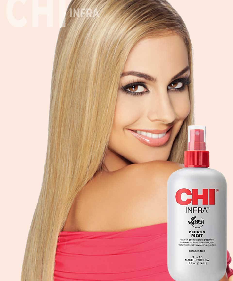 Farouk Systems Infra Keratin Mist leave-in hair treatment spray for strengthening and smoothening hair, shown in a spray bottle.
