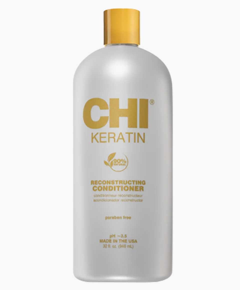 Farouk Systems Chi Keratin Reconstructing Conditioner bottle, smooth and shiny hair care product for damaged hair repair
