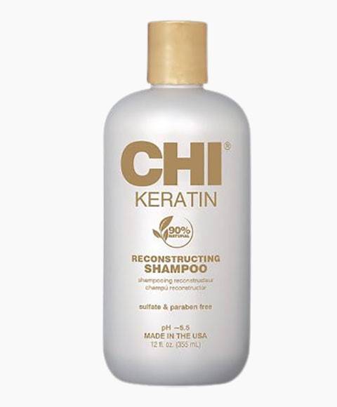 Farouk Systems CHI Keratin Reconstructing Shampoo bottle with white and purple label, designed for hair repair and strengthening.