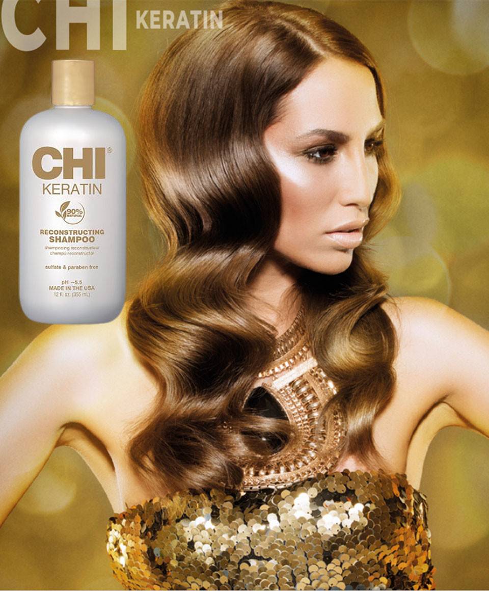 Farouk Systems CHI Keratin Reconstructing Shampoo bottle with label, designed for repairing and strengthening hair.