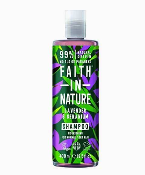 Faith In Nature Lavender and Geranium Shampoo bottle with lavender and geranium flowers, natural hair care product.