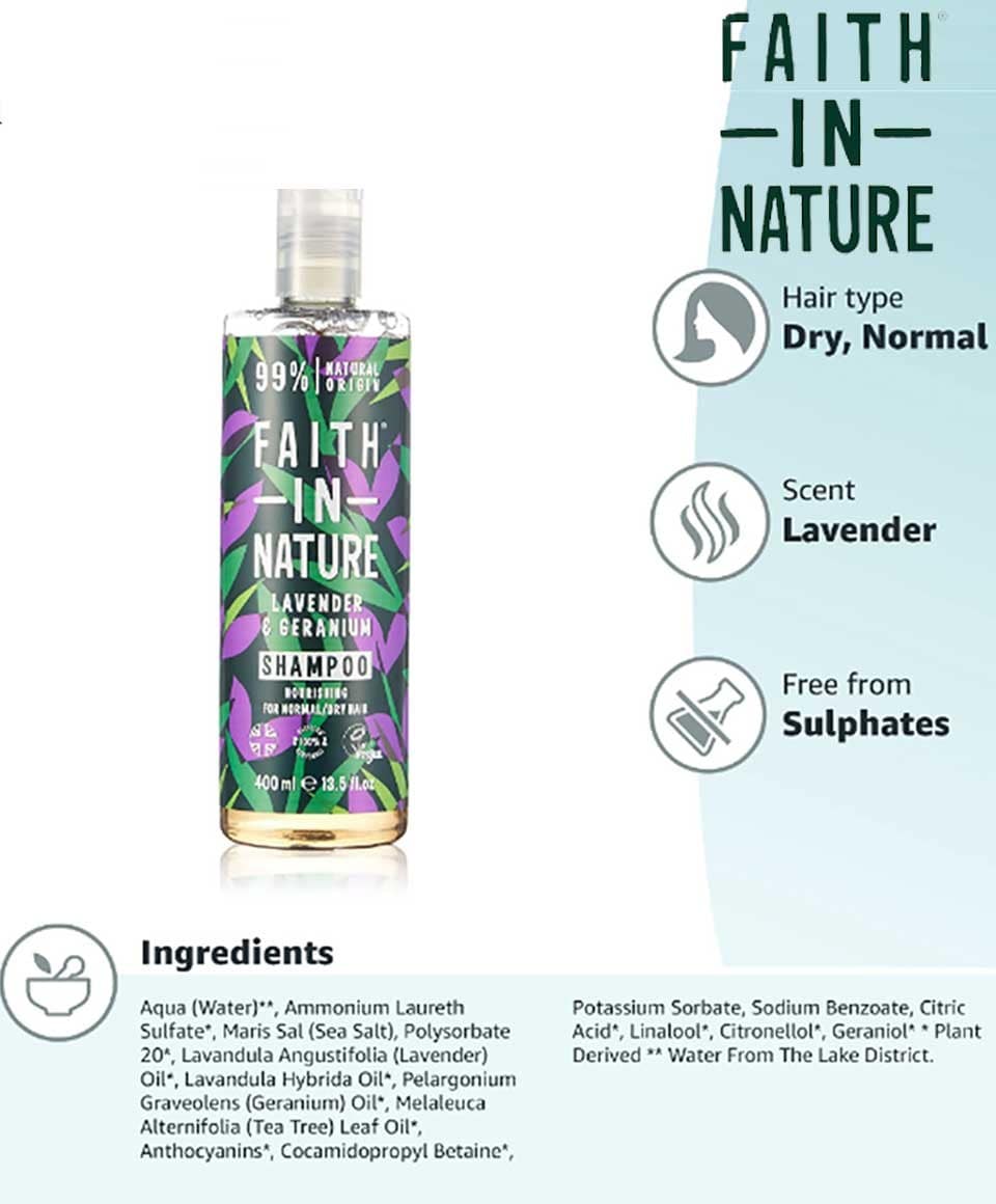 Faith in Nature Lavender and Geranium shampoo bottle, natural hair care product with floral scent, in a clear plastic bottle.