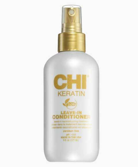 Farouk Systems CHI Keratin Leave-In Conditioner bottle with pump for smooth, nourished hair care.