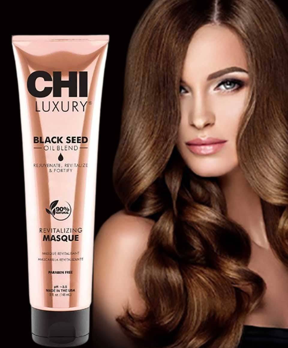 Farouk Systems CHI Luxury Black Seed Oil Blend Revitalizing Hair Treatment masque in a jar, designed to nourish and strengthen hair.