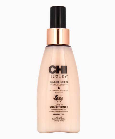 Farouk Systems CHI Luxury Black Seed Oil Blend leave-in conditioner bottle with black and gold packaging.