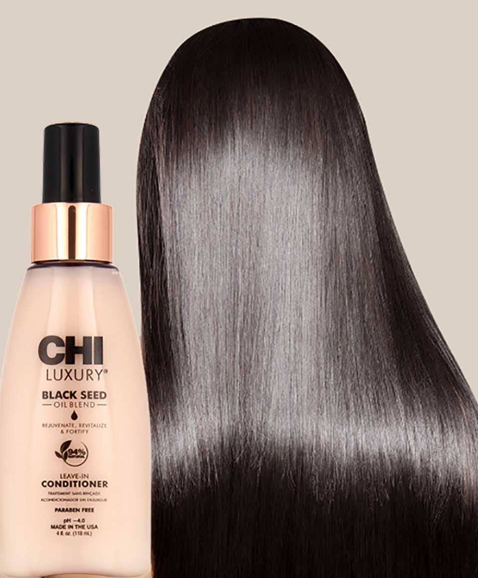 Farouk Systems CHI Luxury Black Seed Oil Blend Leave-In Conditioner bottle, smooth and hydrating hair product for damaged hair
