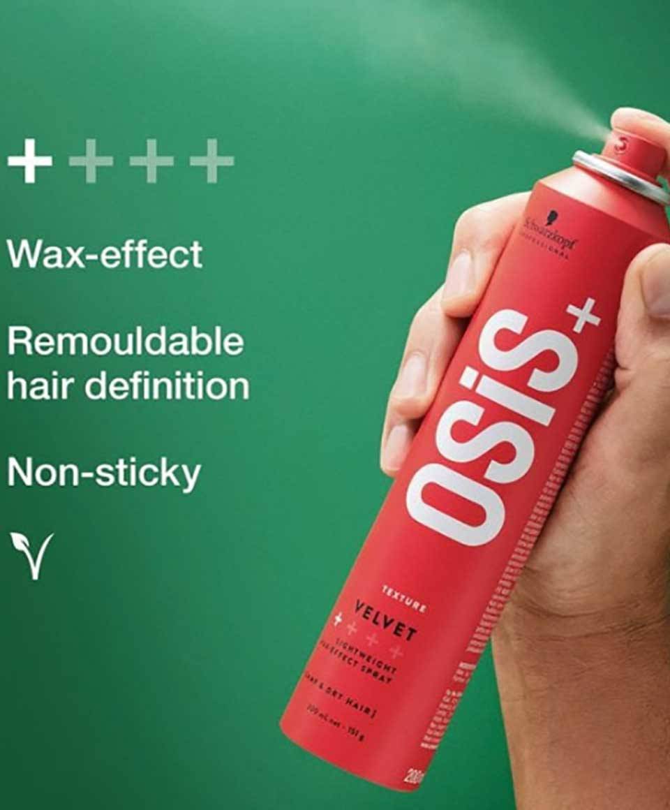 Schwarzkopf Osis Plus Texture Velvet lightweight hair spray with wax effect, providing texture and volume to styled hair.