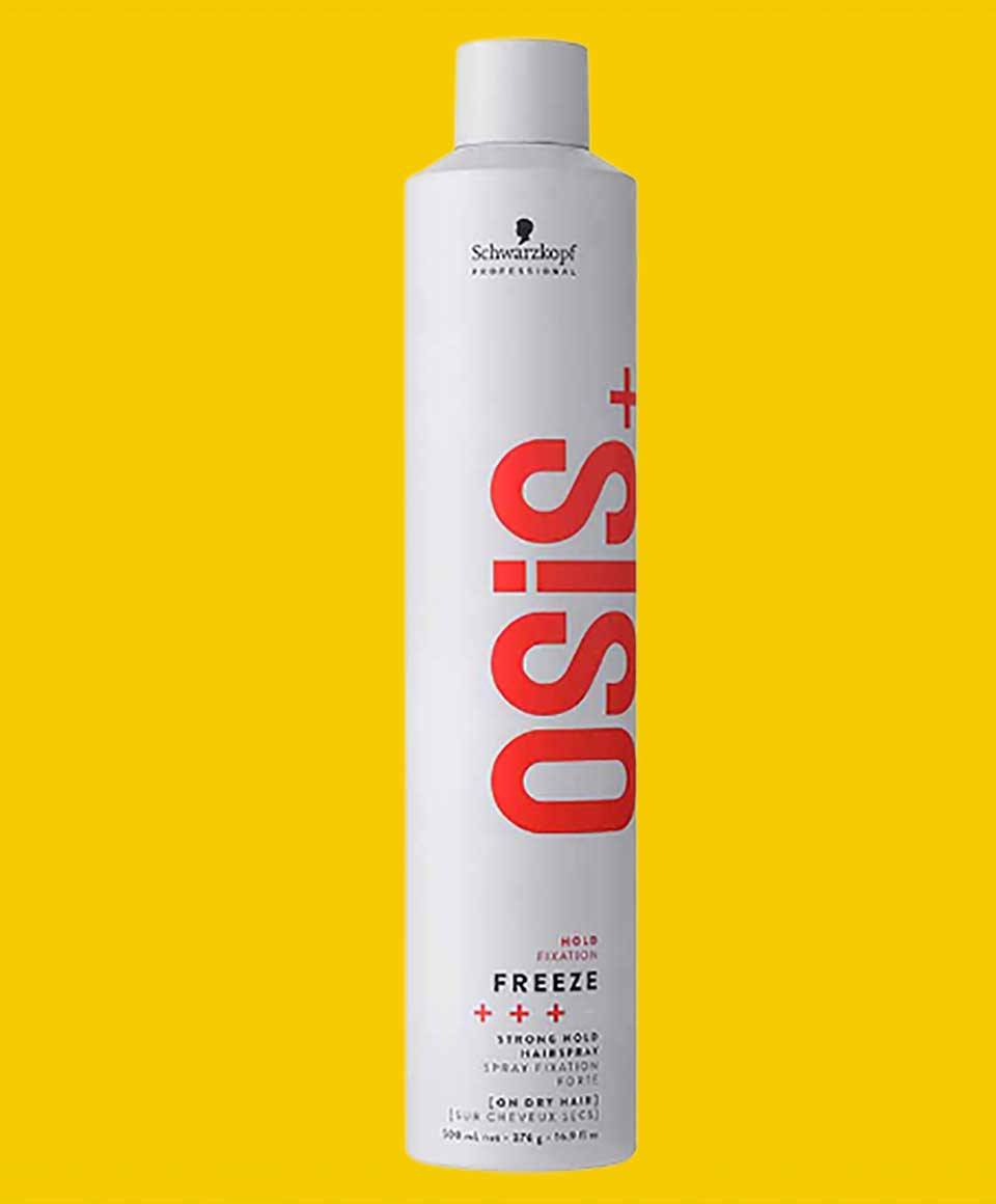 Schwarzkopf Osis Plus Hold Fixation Freeze strong hold hairspray in a spray bottle with a black cap and blue label.