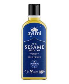 Ayumi Naturals Pure Sesame Till Seed Oil, natural hair treatment bottle, highlighting the product for nourishing hair care.