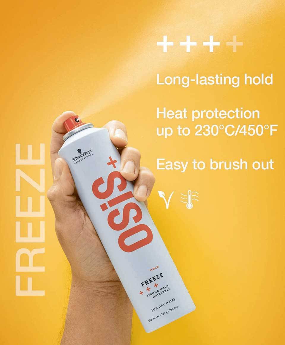 Schwarzkopf Osis Plus Hold Freeze strong hold hair spray bottle with spray nozzle and product label visible.