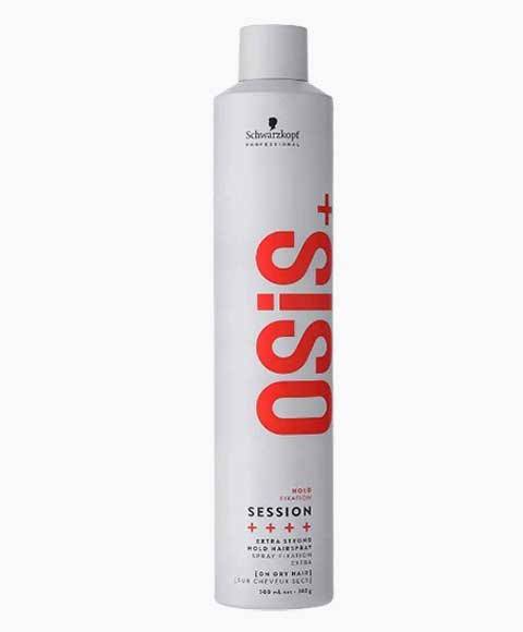 Schwarzkopf Osis Plus Hold Fixation hairspray with extra strong hold, showcasing the spray can and product label.