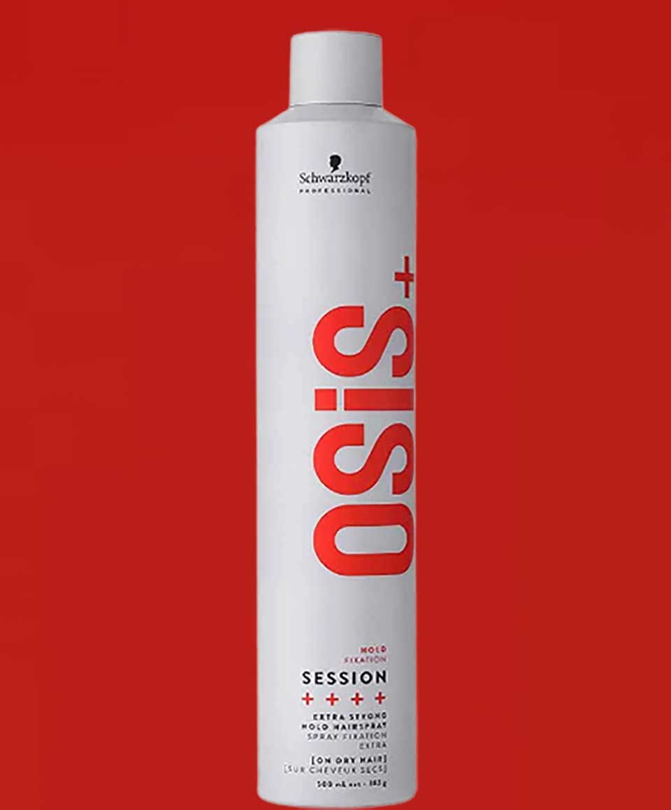 Schwarzkopf Osis Plus Hold Fixation hairspray with extra strong hold, showing the aerosol can and spray nozzle.