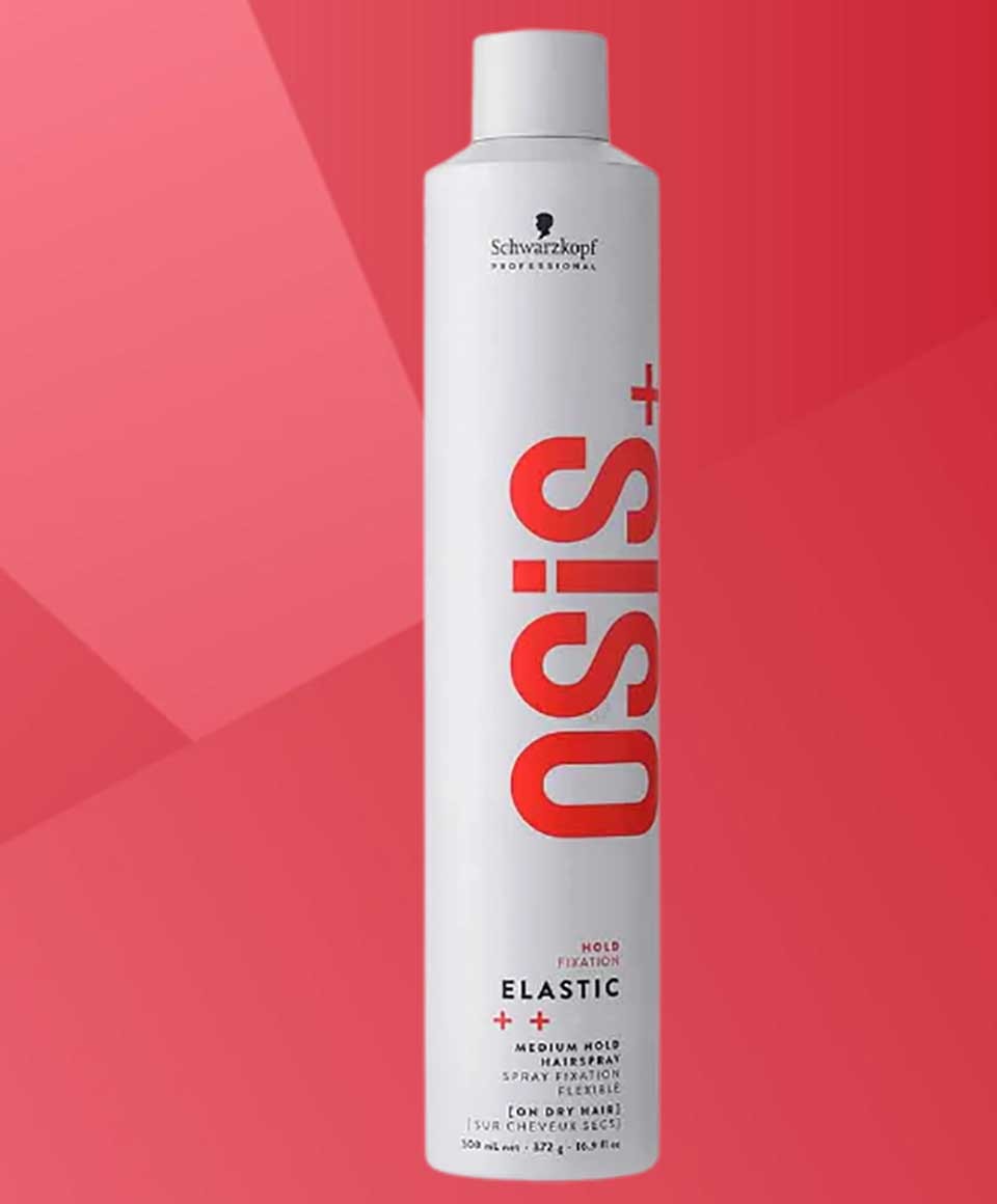 Schwarzkopf Osis Plus Hold Fixation Medium Hold Hairspray bottle with spray nozzle, designed for flexible hair styling.