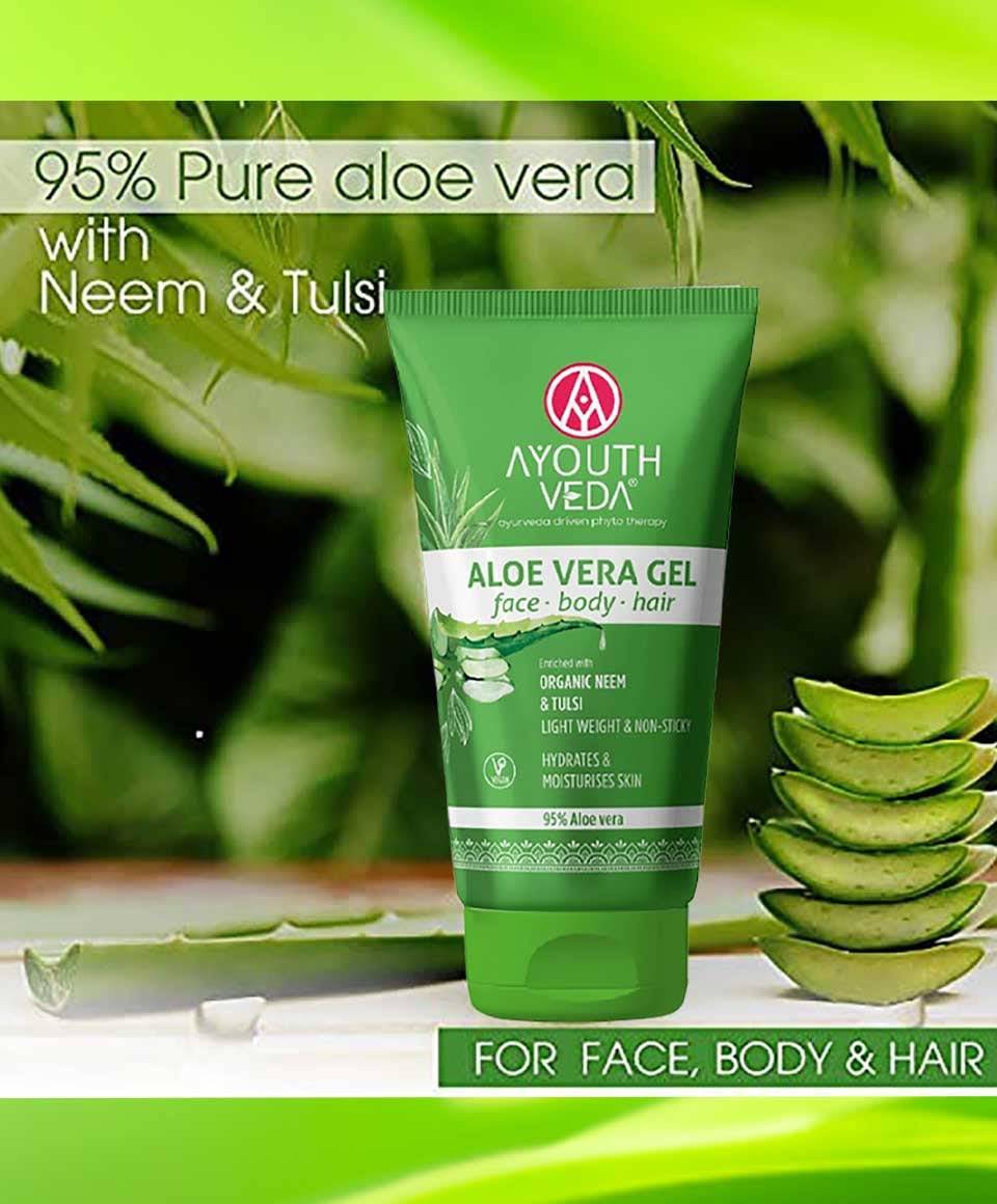 Urban Veda Ayouth Veda Aloe Vera Gel moisturizer with organic neem and tulsi, showing the gel and natural herbal ingredients.