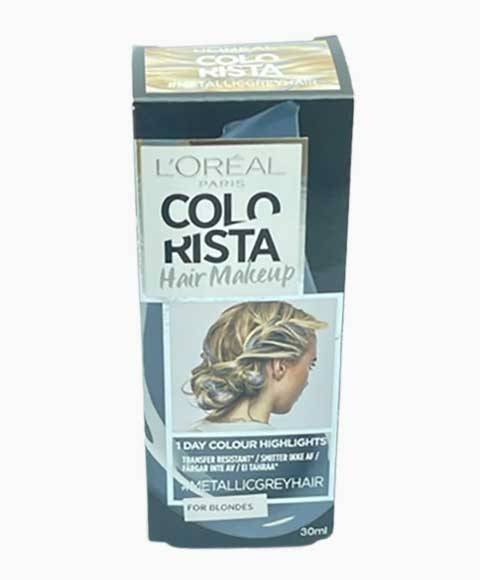 Loreal Colorista Metallic Grey hair makeup for blondes, showcasing vibrant metallic grey hair color on styled hair.