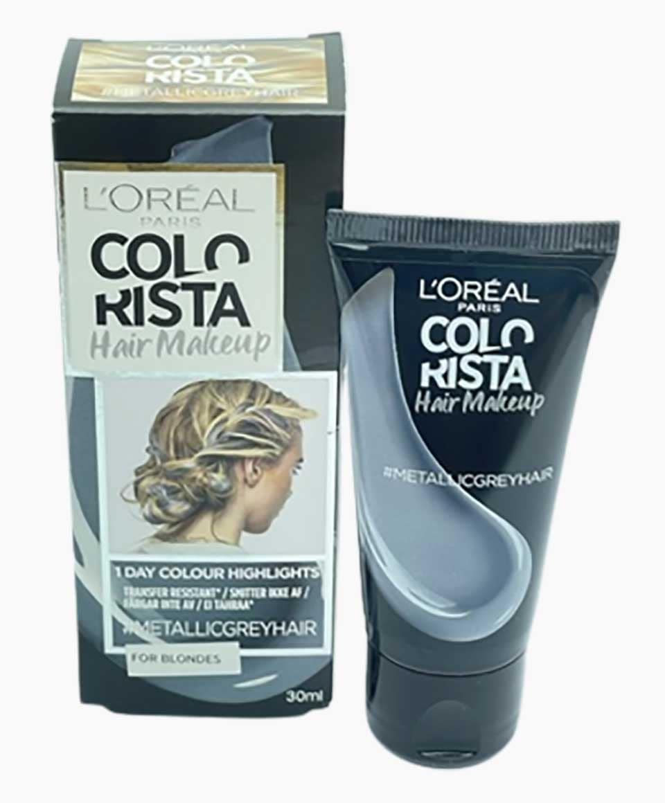 Loreal Colorista Metallic Grey hair makeup for blondes, showcasing vibrant metallic grey hair color on a model.