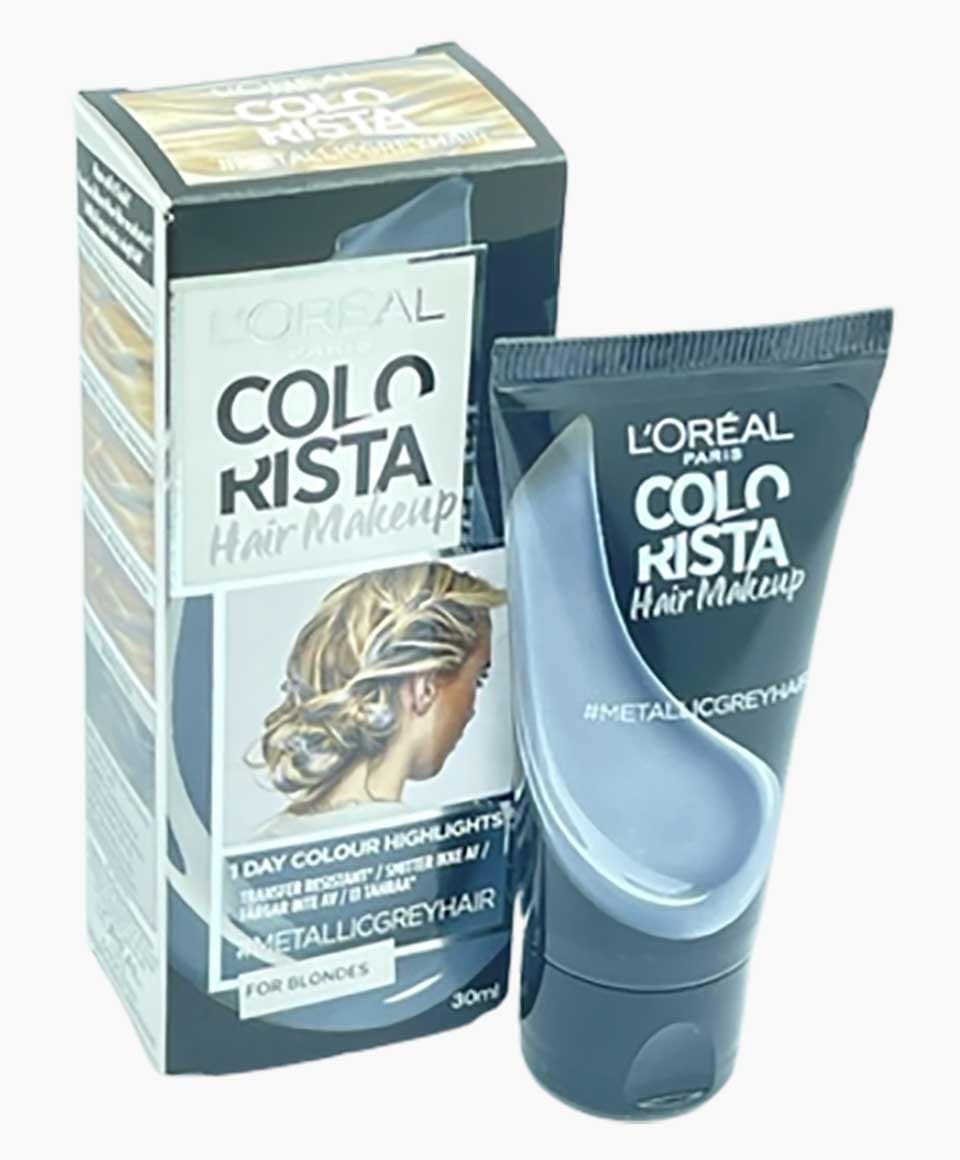 Loreal Colorista Metallic Grey hair makeup for blondes, showcasing vibrant metallic grey hair color on a model.