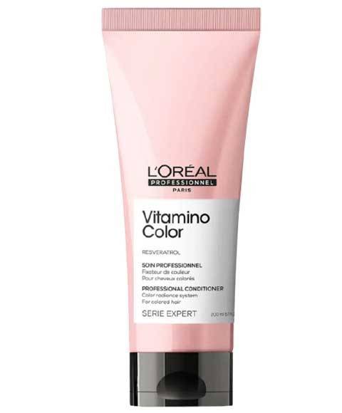 Loreal Vitamino Color Professional Conditioner bottle with label, designed for color-treated hair, placed on a white background.