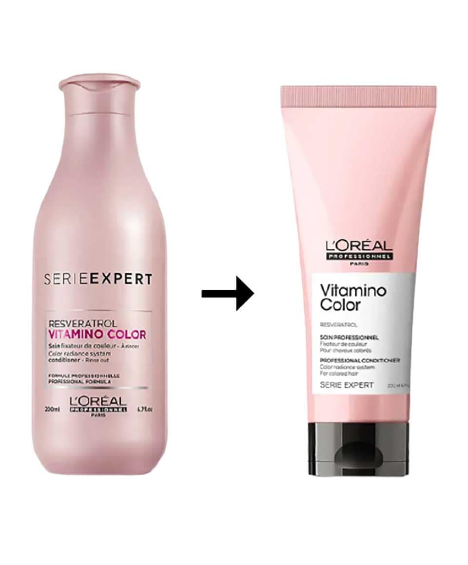 Loreal Vitamino Color Professional Conditioner bottle, creamy hair conditioner for color-treated hair, in a sleek white container