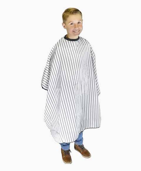 Black vintage barber cape for kids by DMI Professional Products, featuring a classic black and white design for salon use.