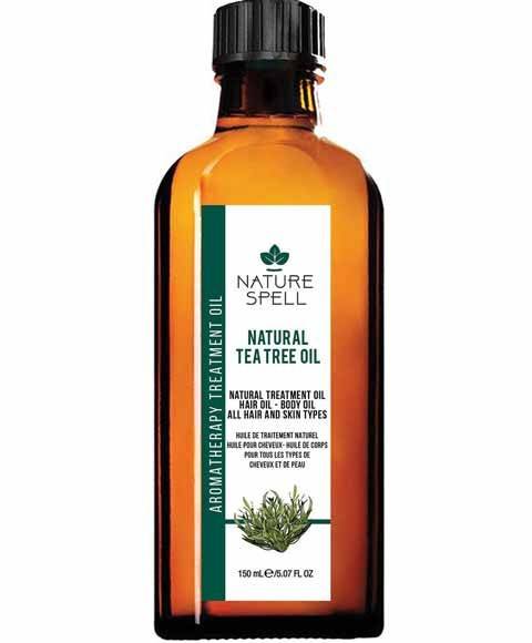Nature Spell Tea Tree Oil hair treatment bottle with dropper, natural hair care product for scalp and hair health.