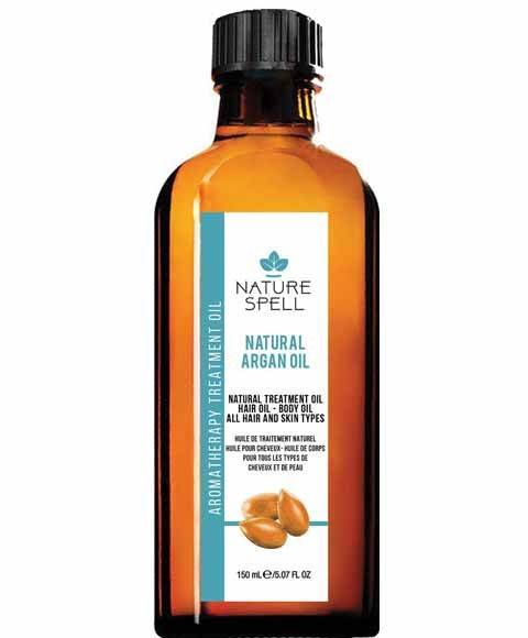 Bottle of Nature Spell Natural Argan Oil hair treatment with dropper for nourishing and moisturizing hair care.